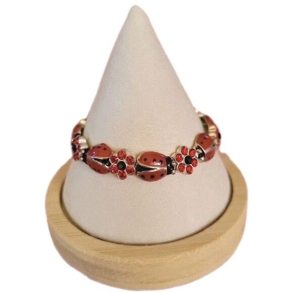 Jewelry - Y2K Red Enamel Ladybug Bracelet Silver Tone Rhinestone Flower Charm Stretch 7”